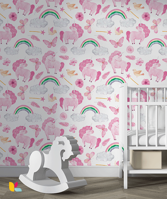 Papier Peint Licorne Aquarelle – Arc-en-ciel et Papillons Féeriques