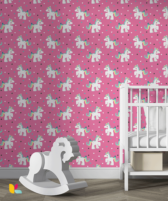 Papier Peint Licornes Magiques – Fond Rose Enchanté
