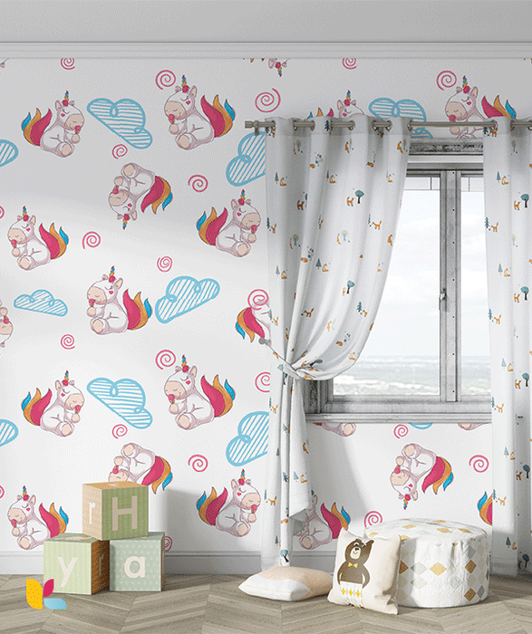 Papier Peint Enfant – Licornes Rêveuses et Nuages Doux
