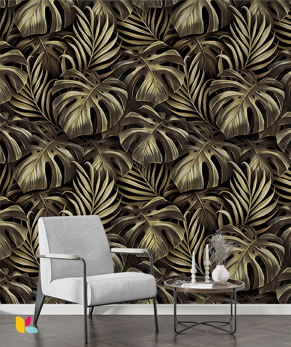 Papier Peint Feuilles Tropicales Dorées et Noires