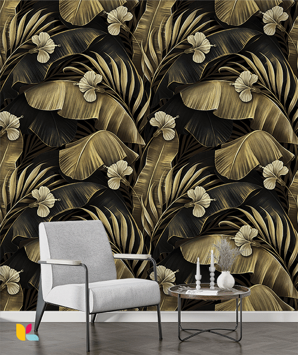 Papier Peint Feuilles Tropicales Dorées et Fleurs Exotiques