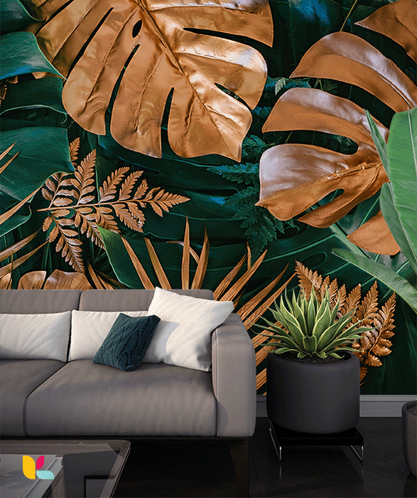 Papier Peint Feuilles Dorées et Vertes - Alliance Nature et Luxe
