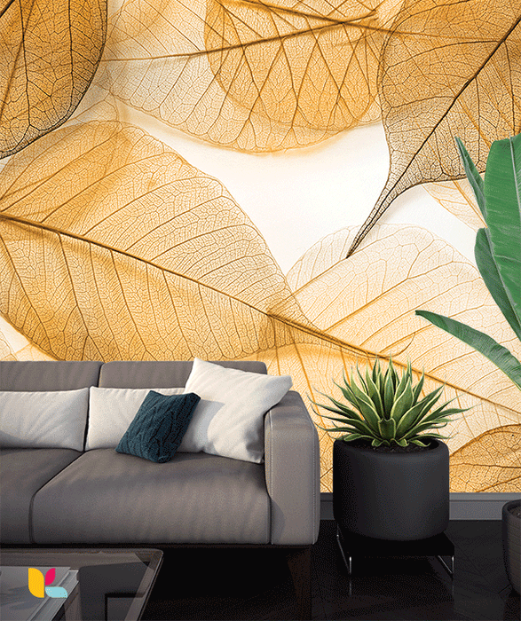 Papier peint feuilles translucides dorées - Élégance et lumière naturelle