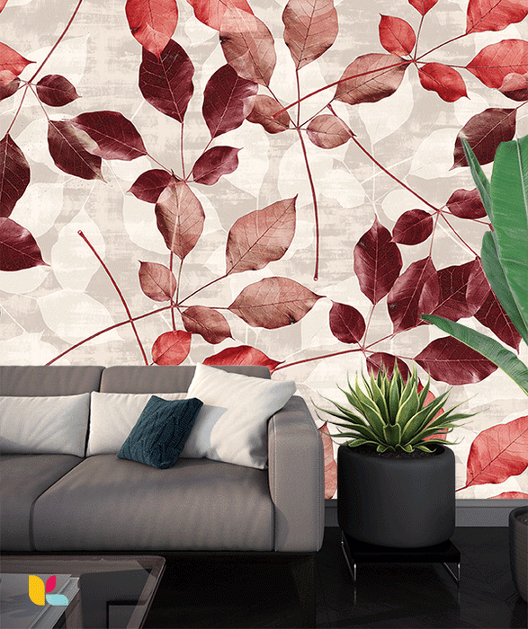 Papier peint aux feuilles rougeâtres et aux teintes naturelles