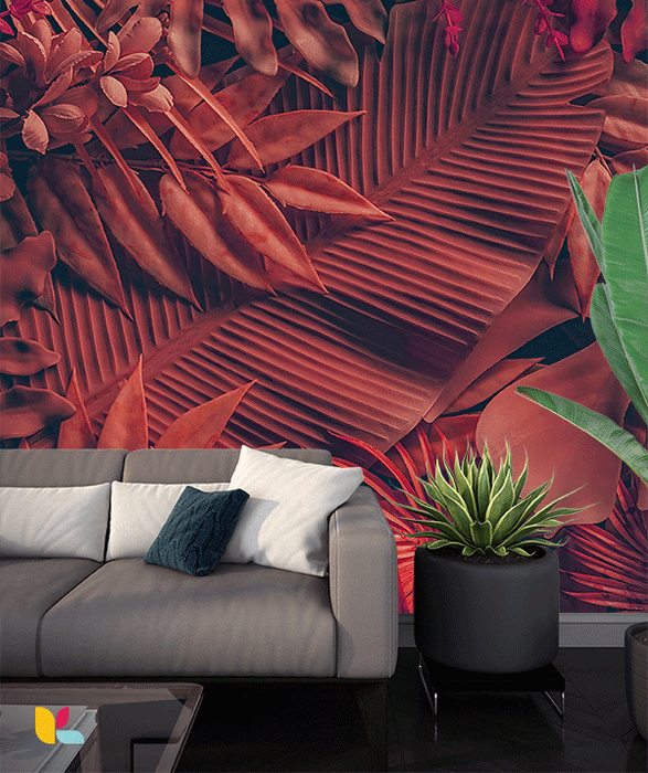 Papier Peint Feuillages Tropicaux Rouges et Oranges - Ambiance Chaleureuse et Moderne