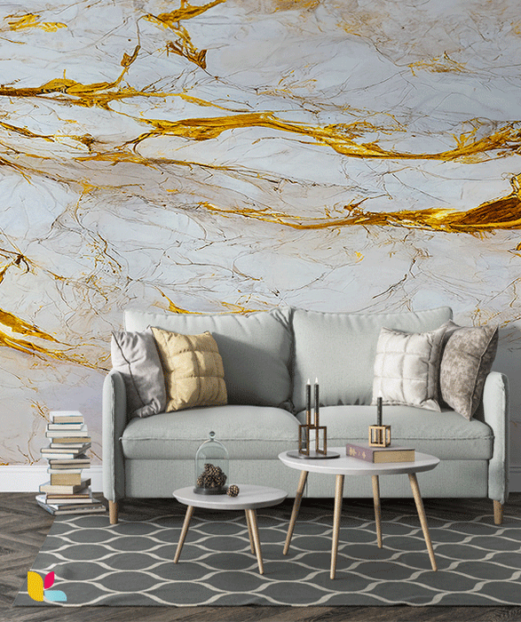 Papier Peint Effet Marbre Blanc avec Veines Dorées Éclatantes