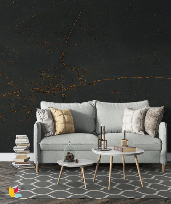 Papier Peint Effet Marbre Noir avec Veines Dorées