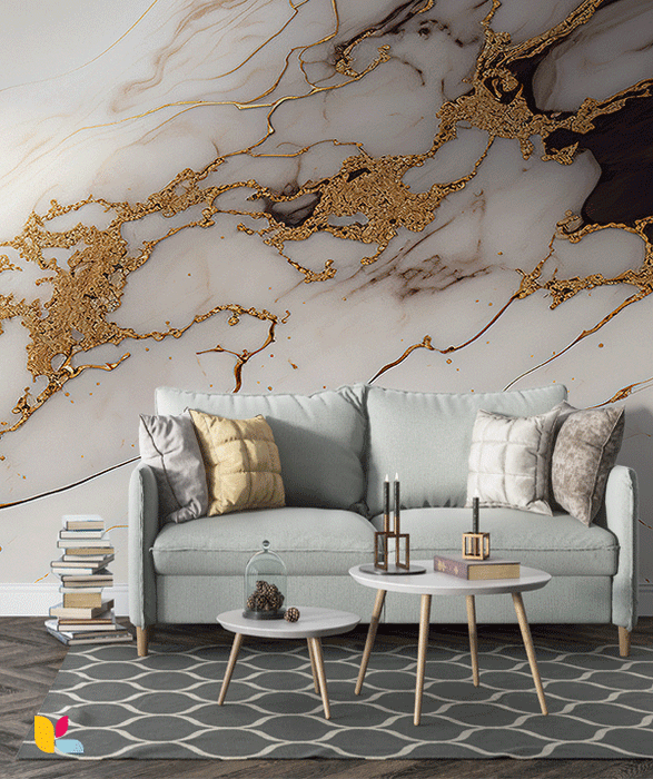 Papier Peint Effet Marbre Beige avec Éclats et Veines Dorés