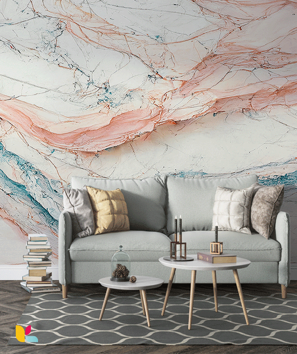 Papier Peint Effet Marbre Blanc avec Veines Rosées et Bleutées