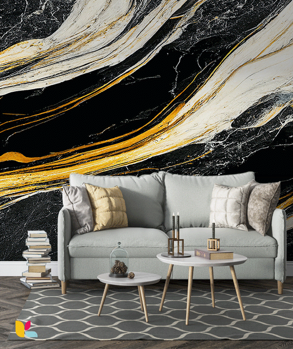 Papier Peint Effet Marbre Noir avec Veines Dorées et Blanches Élégantes