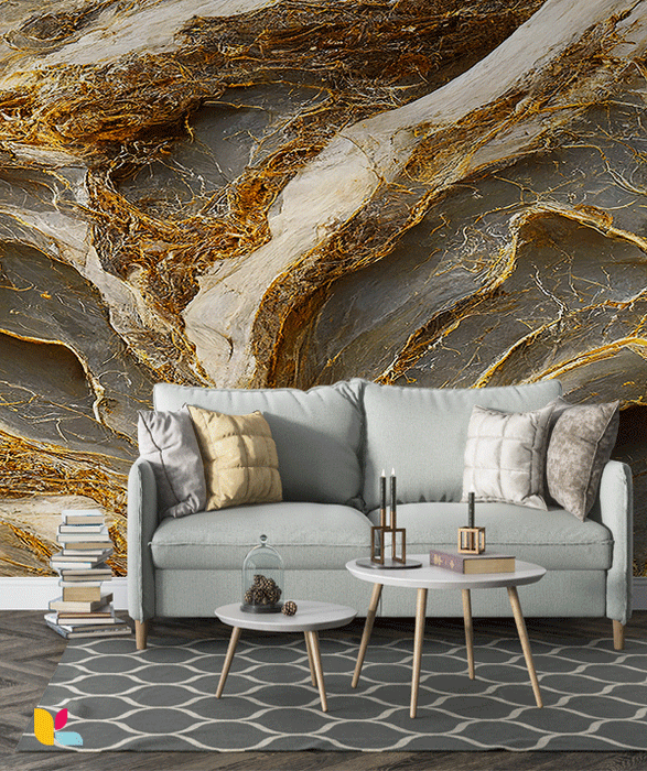 Papier Peint Effet Marbre Texturé avec Détails Dorés Organiques