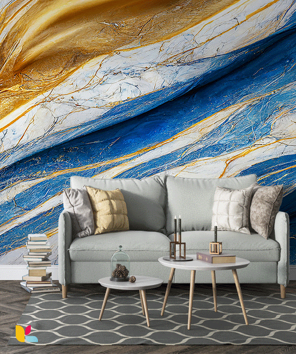 Papier Peint Effet Marbre Bleu et Or Éclatant