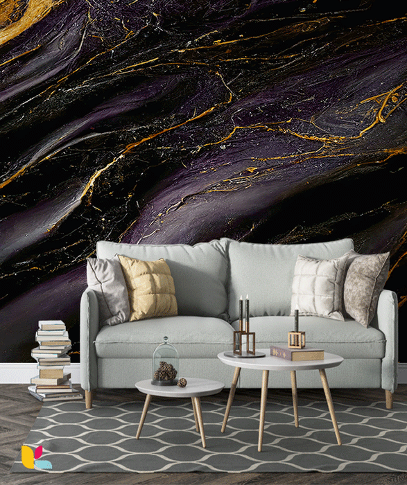Papier Peint Effet Marbre Violet Foncé avec Veines Dorées