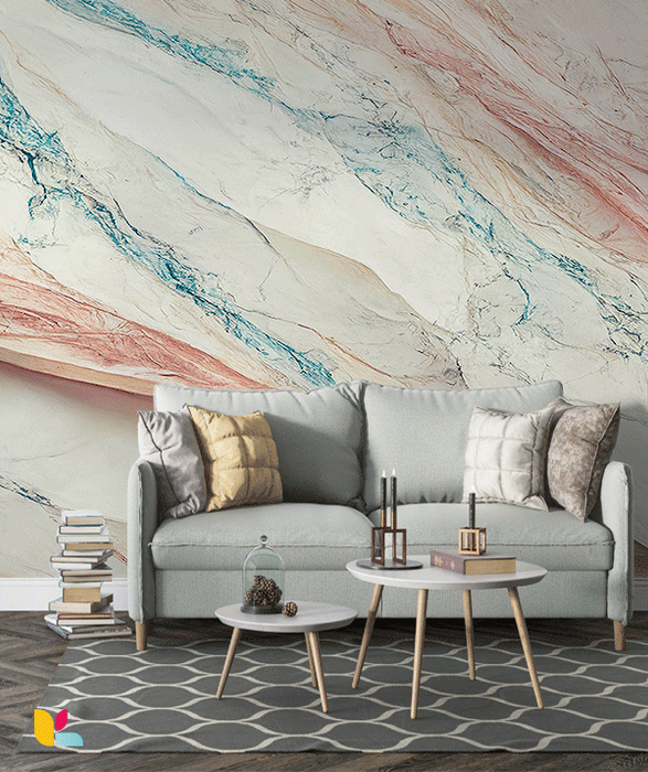 Papier Peint Effet Marbre Blanc avec Veines Douces de Rose et Bleu