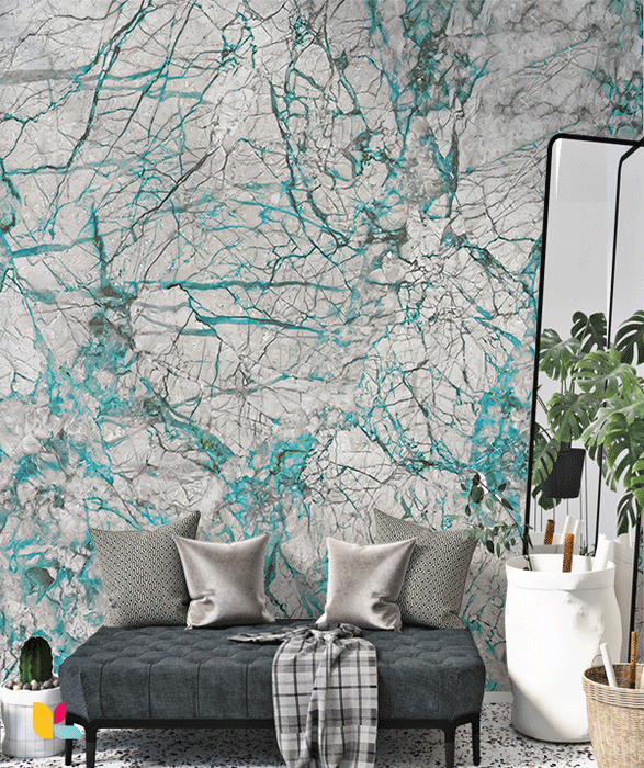 Papier Peint Effet Marbre Turquoise et Gris