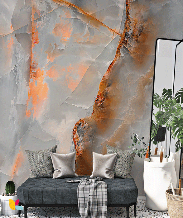 Papier Peint Effet Onyx Gris avec Nuances Orange