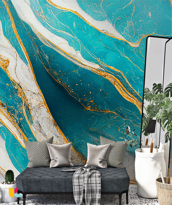 Papier Peint Marbre Turquoise Profond avec Accents Dorés