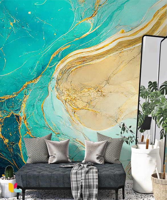 Papier Peint Turquoise et Doré Inspiration Océan