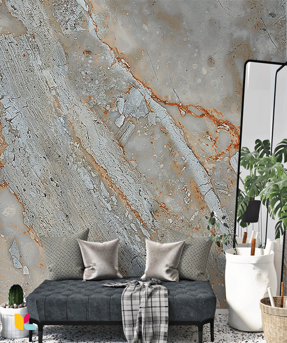 Papier Peint Effet Pierre Rustique avec Tons Gris et Orange