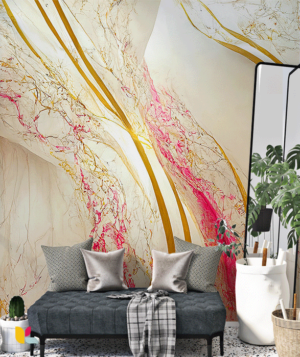 Papier Peint Abstrait Blanc avec Touches Dorées et Nuances de Rose