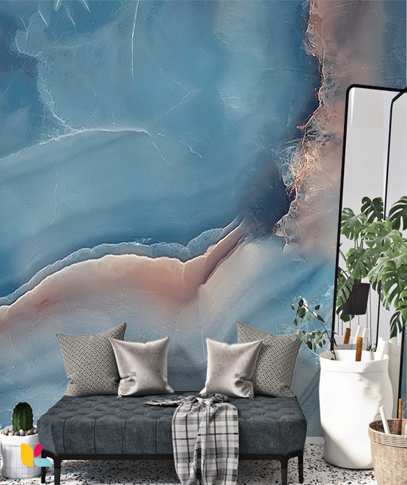 Papier Peint Effet Onyx Bleu et Rose Doux