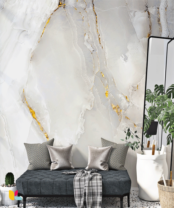 Papier Peint Effet Onyx Blanc avec Veinures Dorées