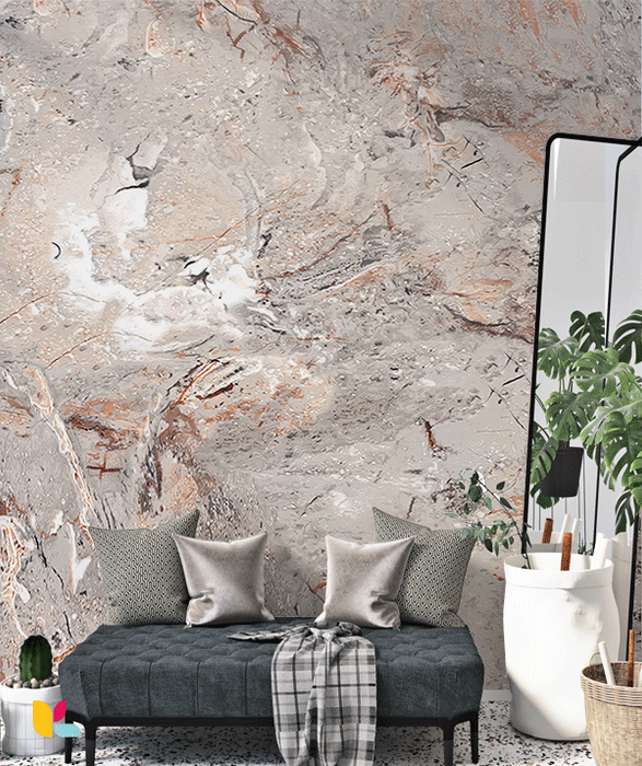 Papier Peint Marbré Gris avec Accents Cuivrés