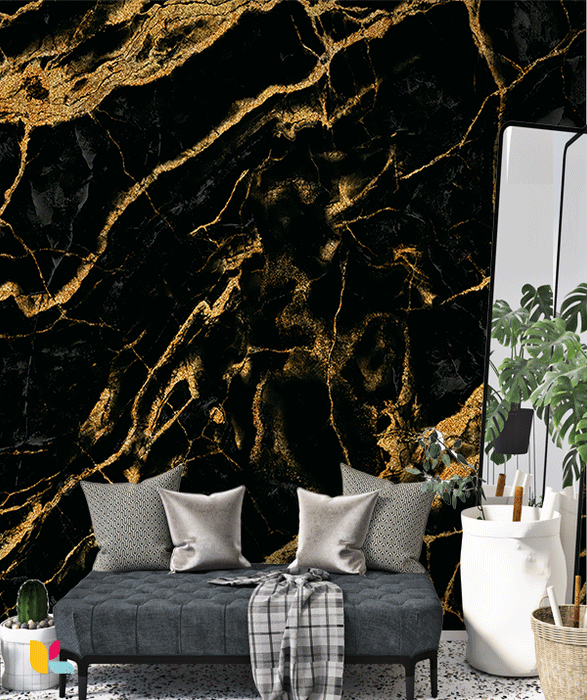 Papier Peint Effet Marbre Noir et Or Luxueux