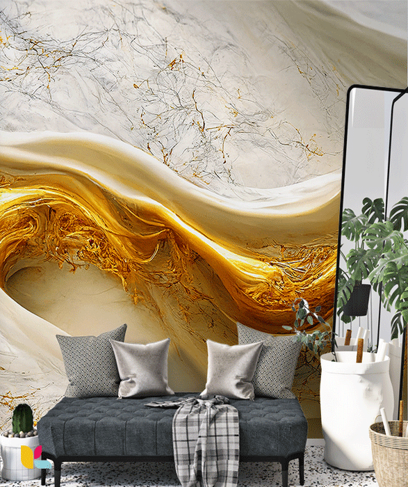Papier Peint Effet Marbre Beige avec Vagues Dorées Sublimes