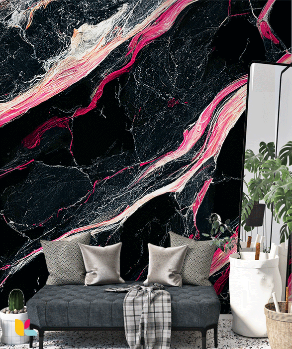 Papier Peint Effet Marbre Noir avec Veines Éclatantes de Rose et Blanc