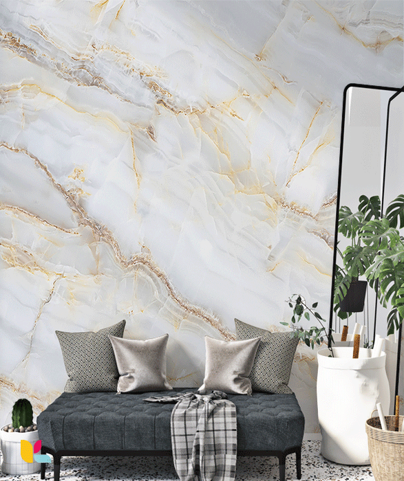 Papier Peint Effet Marbre Blanc avec Veinures Dorées Subtiles