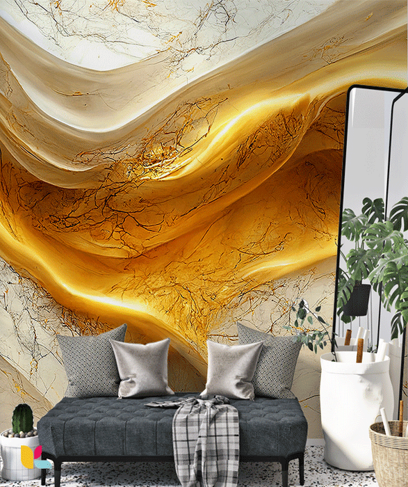 Papier Peint Effet Marbre Beige et Or avec Courbes Élégantes