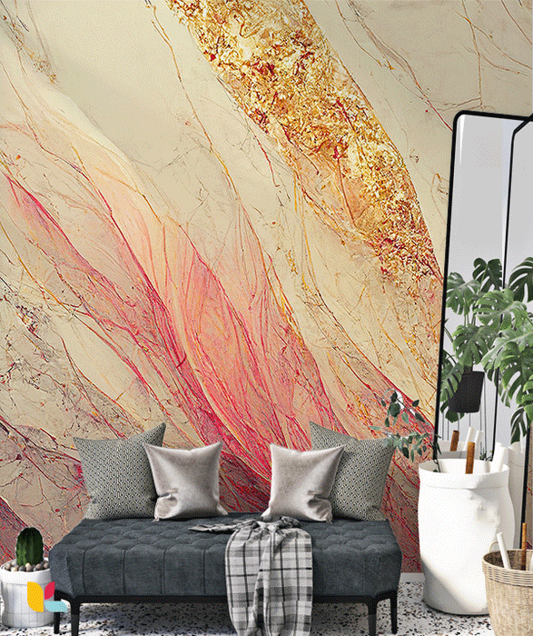 Papier Peint Abstrait Beige avec Veines Rosées et Détails Dorés Texturés