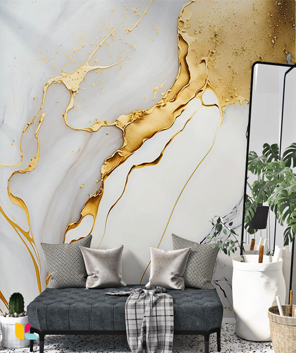 Papier Peint Effet Marbre Blanc avec Éclaboussures et Veines Dorées