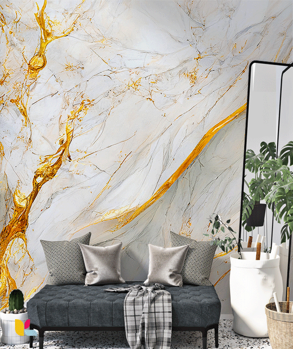 Papier Peint Effet Marbre Blanc avec Veines Dorées Organiques