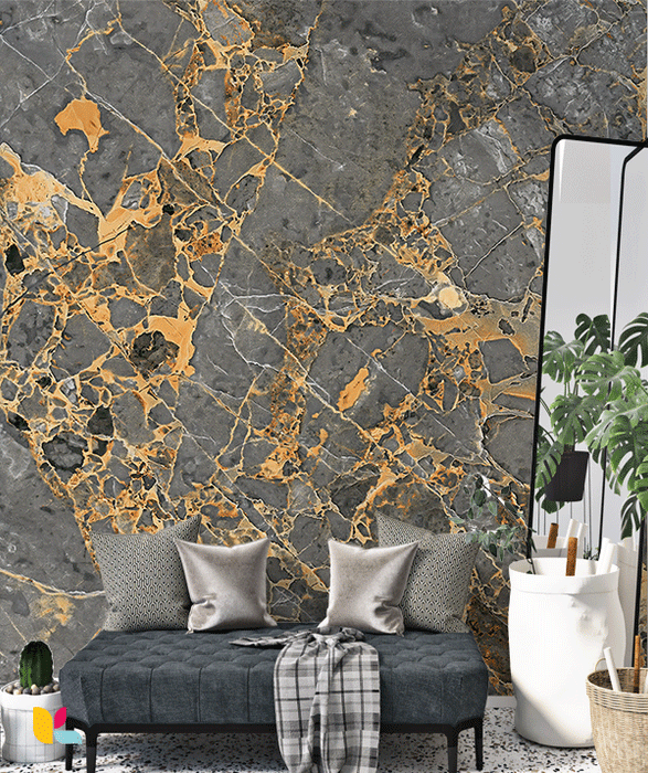 Papier Peint Effet Marbre Gris et Or Luxueux
