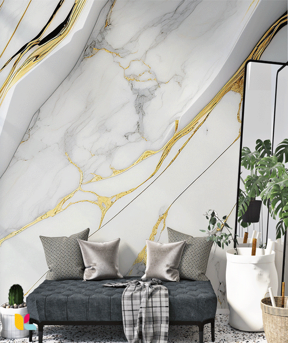 Papier Peint Effet Marbre Blanc avec Détails et Veines Dorées