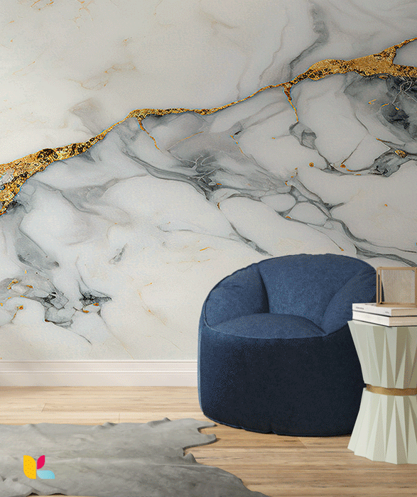 Papier Peint Effet Marbre Blanc avec Fissures Dorées Élégantes