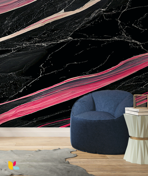 Papier Peint Effet Marbre Noir avec Veines Rosées et Crème