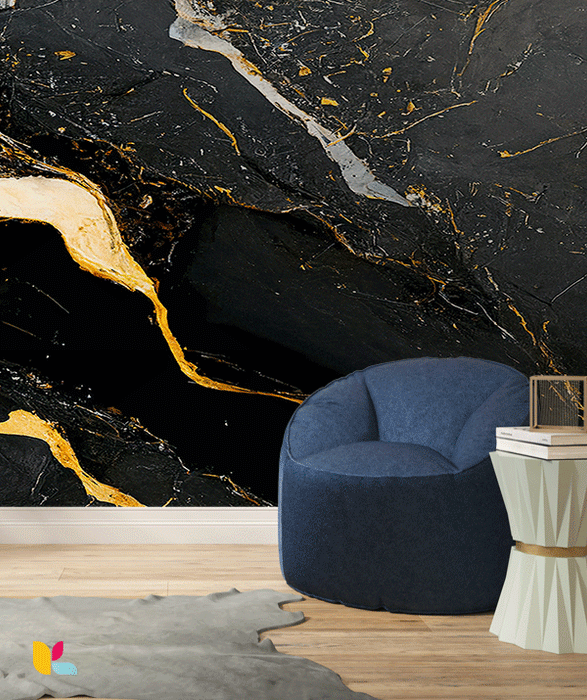 Papier Peint Effet Marbre Noir avec Détails Dorés et Blancs Naturels