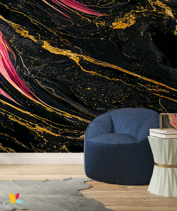 Papier Peint Effet Marbre Noir avec Veines Dorées et Accents Rosés