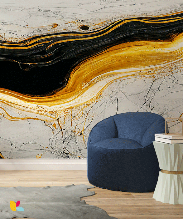 Papier Peint Effet Marbre Noir et Or avec Vagues Luxueuses