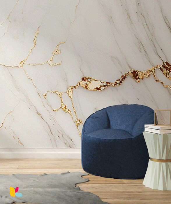 Papier Peint Effet Marbre Blanc avec Veines Dorées