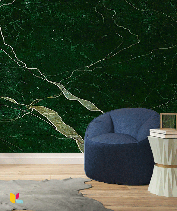 Papier Peint Effet Marbre Vert Profond avec Veines Dorées