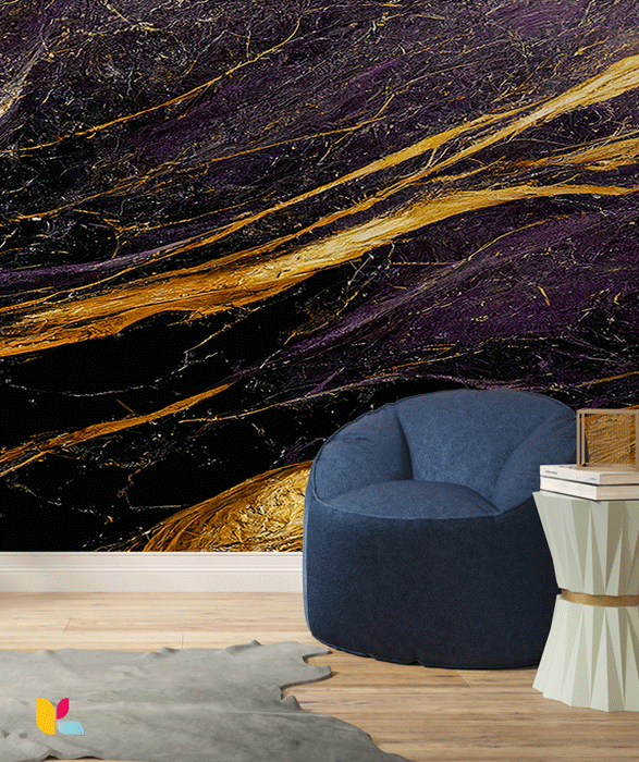 Papier Peint Effet Marbre Noir et Violet avec Détails Dorés