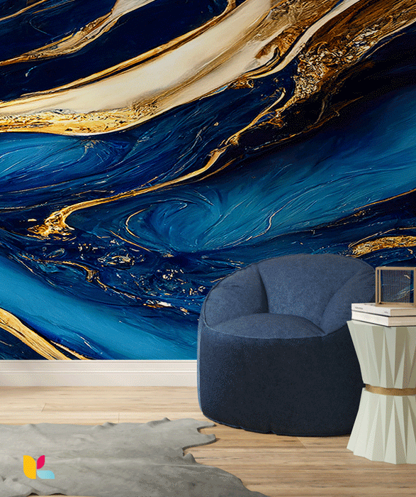 Papier Peint Effet Marbre Bleu Saphir et Or Lumineux