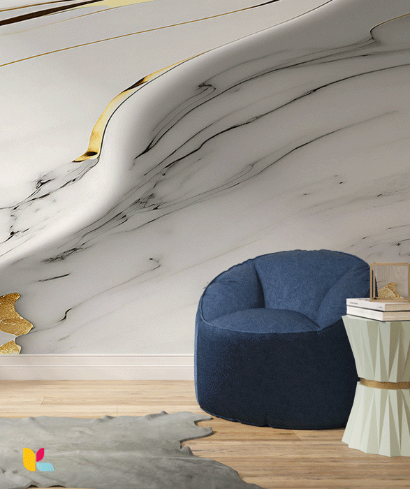 Papier Peint Effet Marbre Blanc avec Détails Fluides et Éclats Dorés