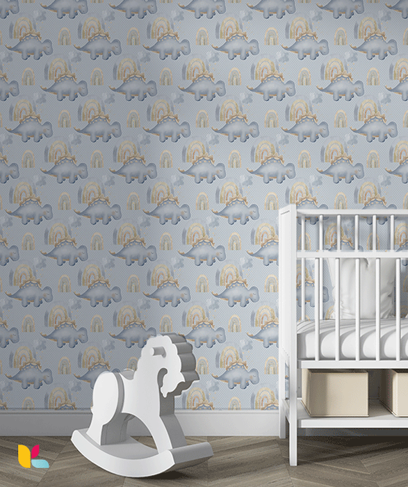 Papier Peint Enfant – Stégosaure Bleu Pastel et Arc-en-Ciel