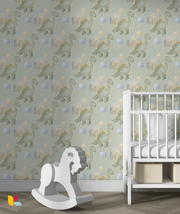 Papier Peint Enfant – Dino Arc-en-Ciel Vert Doux