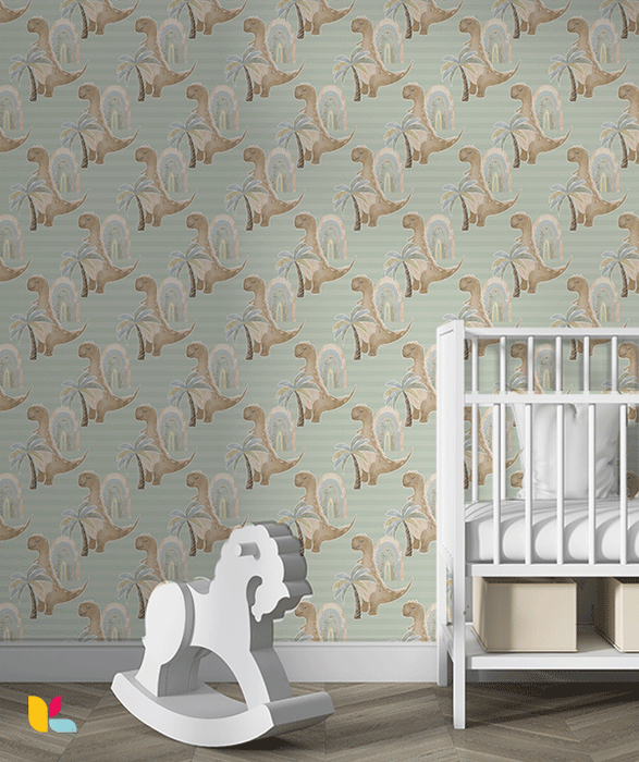 Papier Peint Enfant – Dino Pastel et Arc-en-Ciel